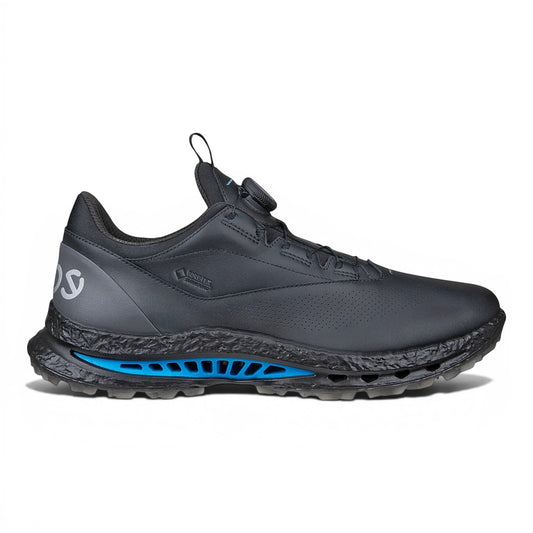 Clarkes Golf black leather golf shoes with BOA fit system and blue sole detail. Waterproof.
