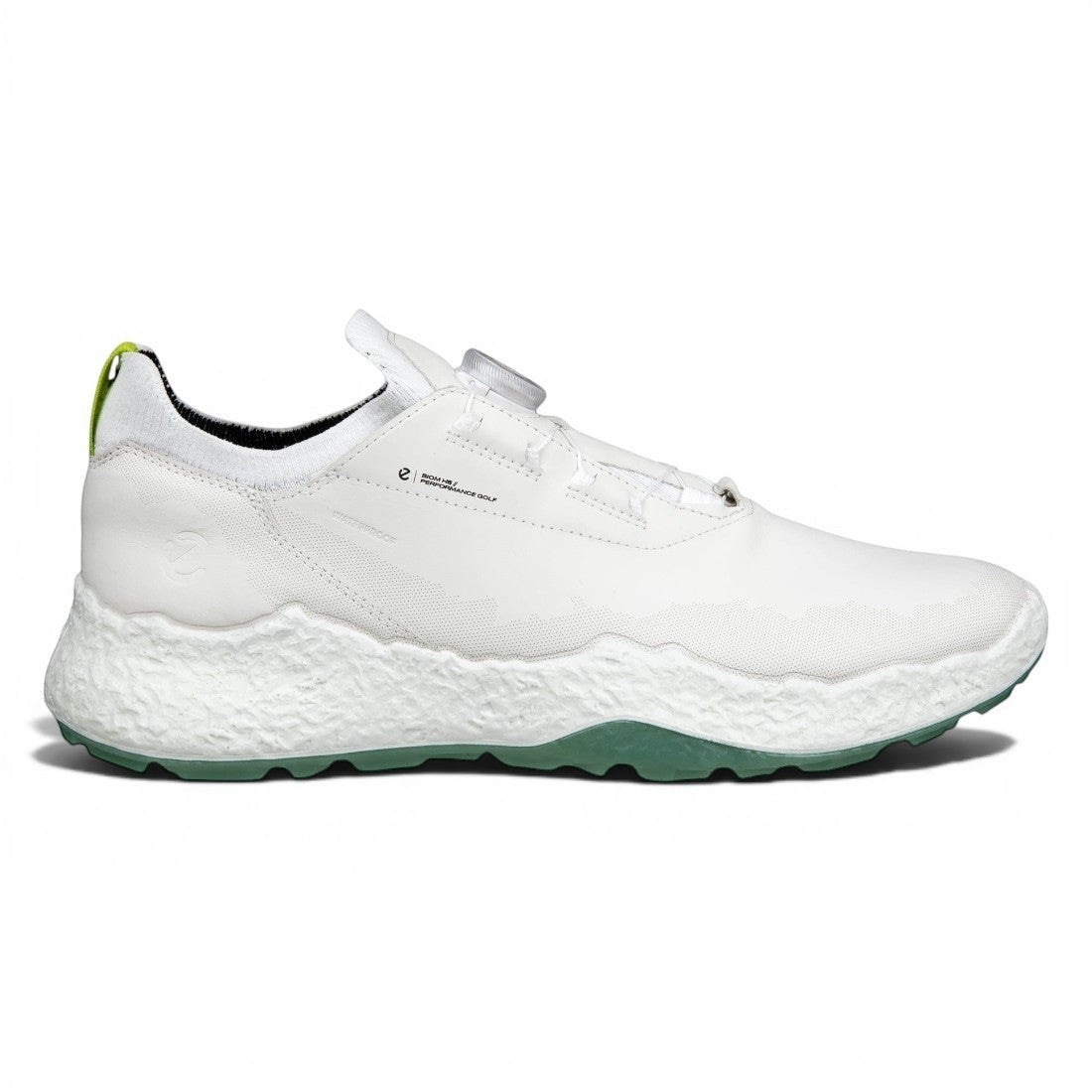 Clarkes Golf white Ecco Biom H5 BOA golf shoes with green sole and BOA fit system