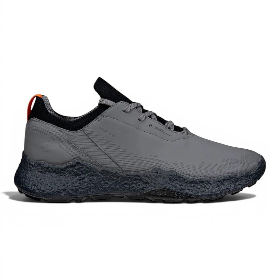 Clarkes Golf Ecco Biom H5 golf shoes in steel grey with black knit sock and textured dark grey sole. Waterproof.