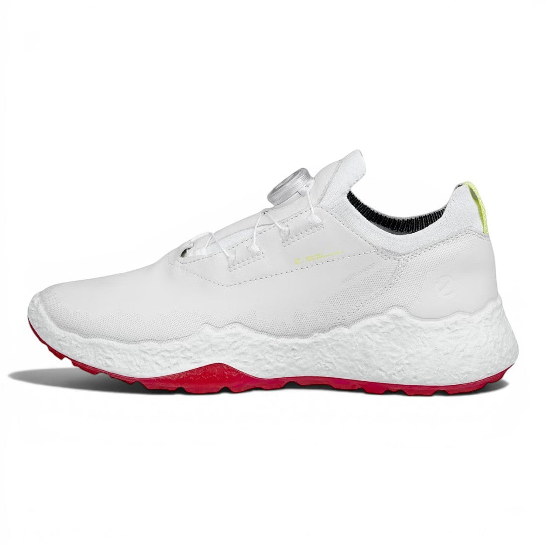 Clarkes Golf Ecco Ladies Biom H5 BOA golf shoes in white with red sole and BOA lacing system.