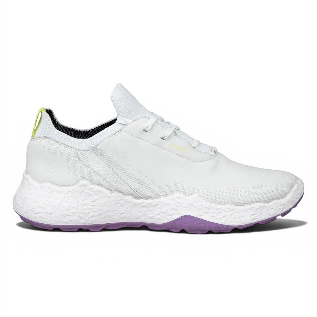 Clarkes Golf Ecco Ladies Biom H5 Golf Shoes in white with lavender mist accents. Waterproof leather and knit sock.