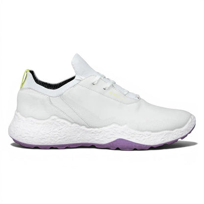 Clarkes Golf Ecco Ladies Biom H5 Golf Shoes in white with lavender mist accents. Waterproof leather and knit sock.