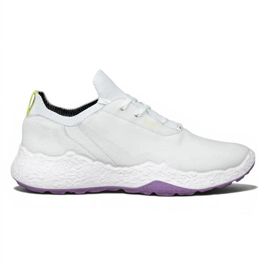 Clarkes Golf Ecco Ladies Biom H5 Golf Shoes in white with lavender mist accents. Waterproof leather and knit sock.