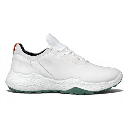 Clarkes Golf Ecco Ladies Biom H5 white leather golf shoes with green sole and knit sock