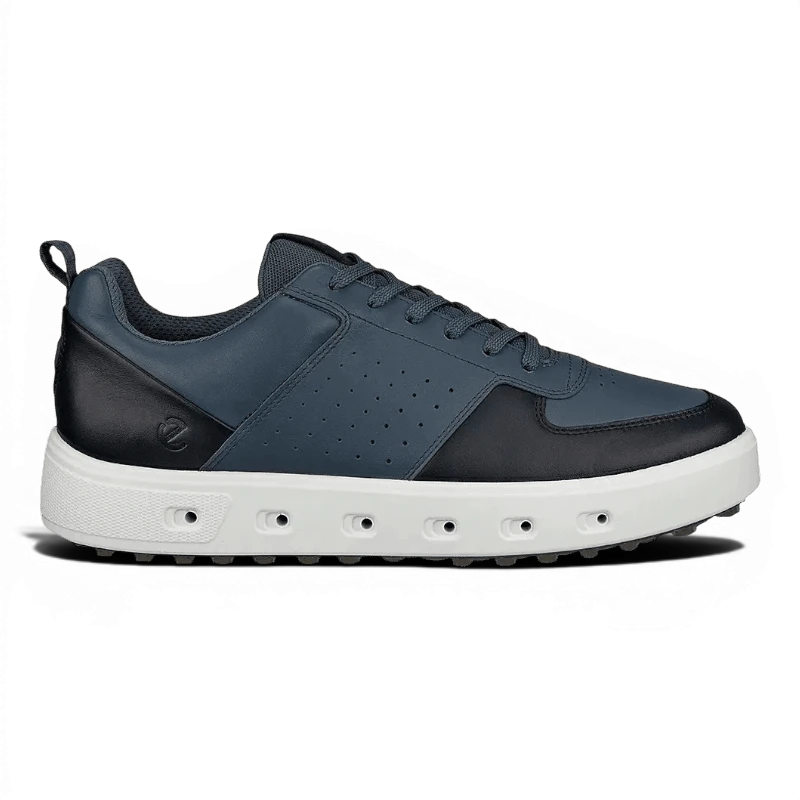 Clarkes Golf Ecco Street 720 Gore-Tex golf shoes in pavement and black leather with white sole and spikeless traction.