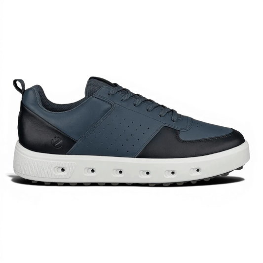Clarkes Golf Ecco Street 720 Gore-Tex golf shoes in pavement and black leather with white sole and spikeless traction.