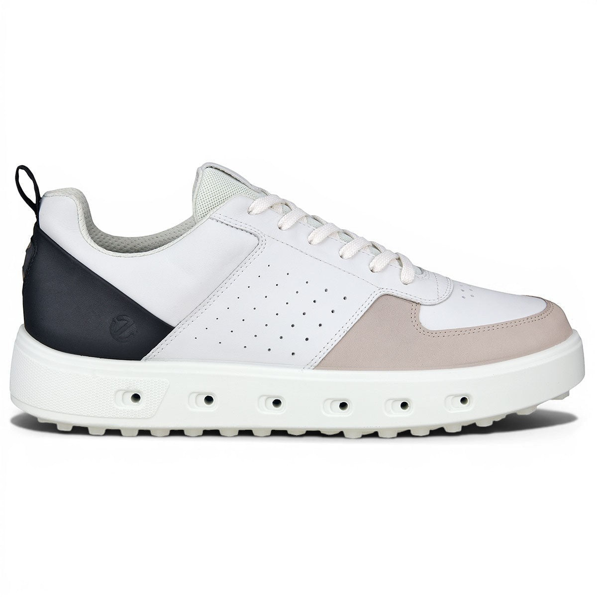 Clarkes Golf Ecco Street 720 Gore-Tex golf shoes in white, black, and gravel. Spikeless, waterproof leather sneakers with perforated details.