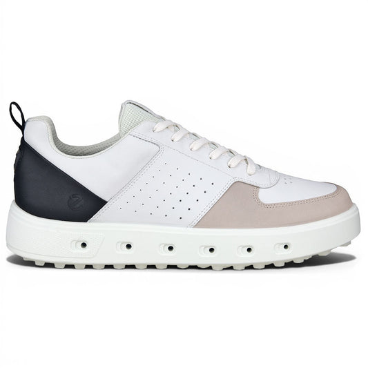 Clarkes Golf Ecco Street 720 Gore-Tex golf shoes in white, black, and gravel. Spikeless, waterproof leather sneakers with perforated details.