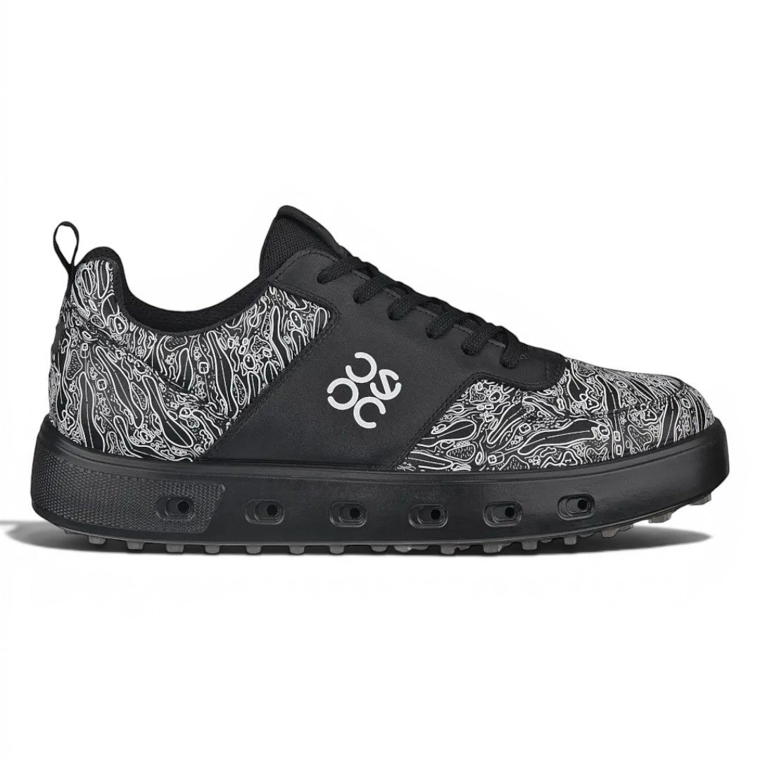 Clarkes Golf Ecco Street 720 Graphic Golf Shoes - Black and white graphic print, waterproof, spikeless, laced fastening.