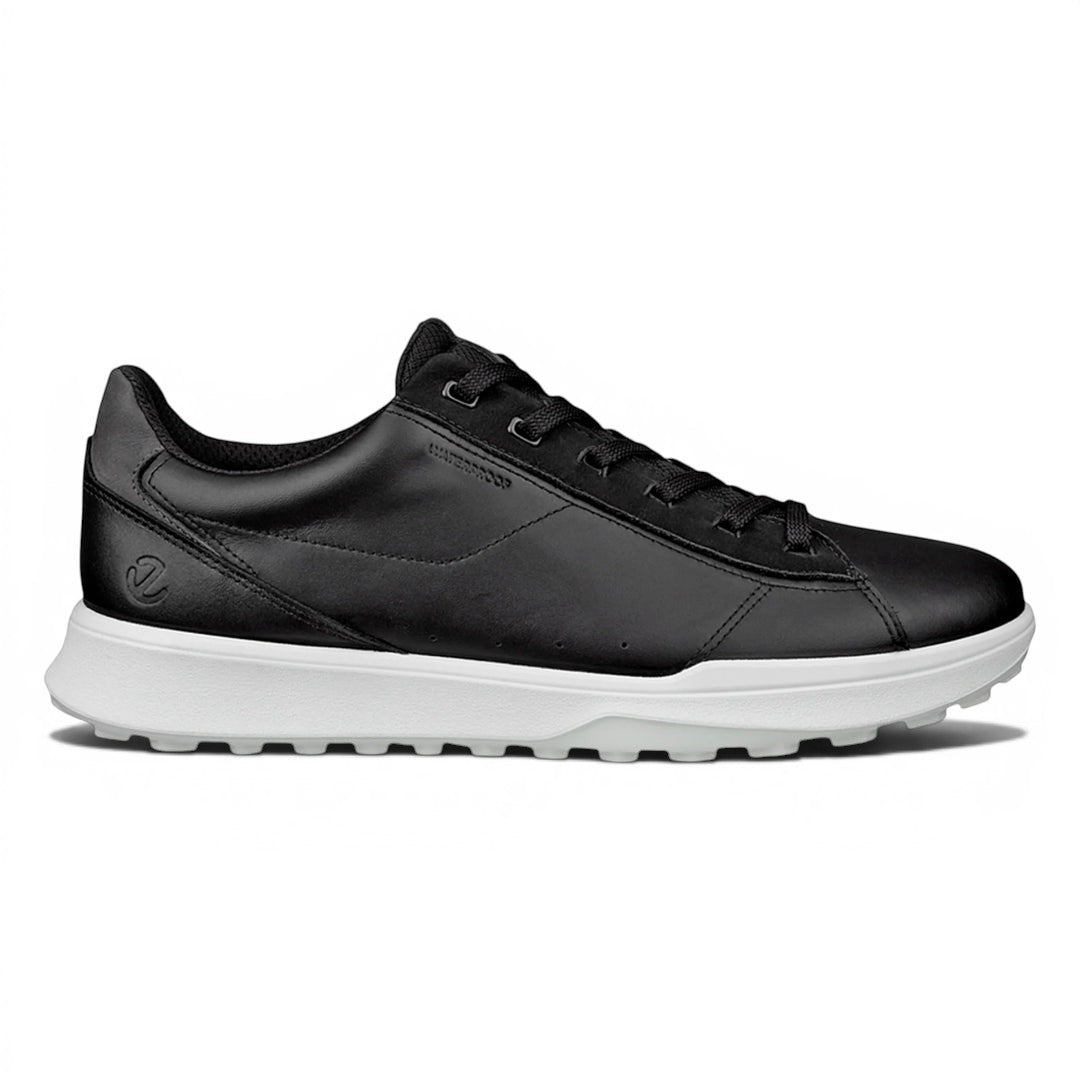 Clarkes Golf Ecco Street Vibe black leather waterproof spikeless golf shoes with white sole.