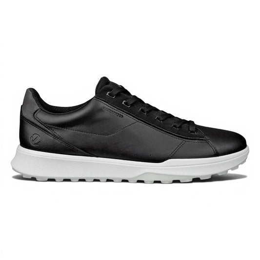 Clarkes Golf Ecco Street Vibe black leather waterproof spikeless golf shoes with white sole.