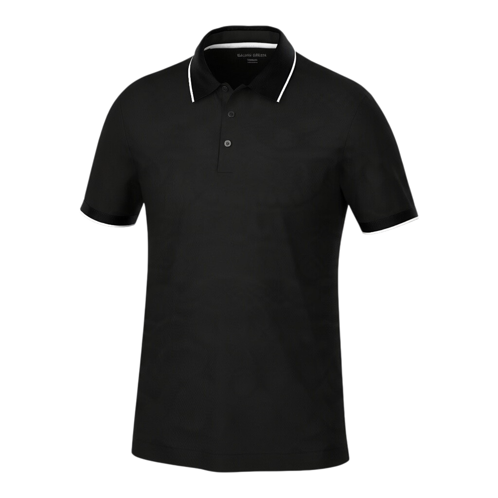 Clarkes Golf Galvin Green Marty black performance golf polo with white trim on the ribbed collar and cuffs