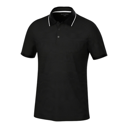 Clarkes Golf Galvin Green Marty black performance golf polo with white trim on the ribbed collar and cuffs
