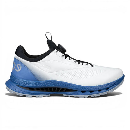 Clarkes Golf white leather golf shoes with blue sole and BOA dial closure. Waterproof and breathable.