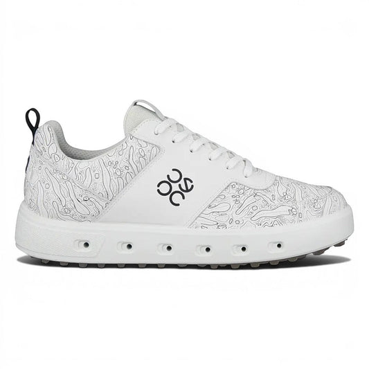 Clarkes Golf white leather graphic golf shoes with spikeless sole and waterproof GORE-TEX Surround technology.