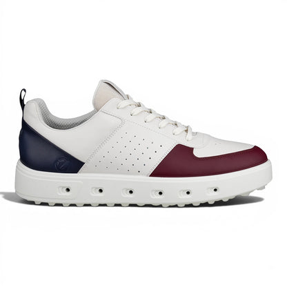 Clarkes Golf white leather golf shoes with navy and burgundy accents, spikeless, waterproof, and breathable.