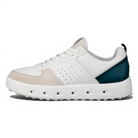 Clarkes Golf white and beige leather golf shoes with dark teal heel accent and perforated details.