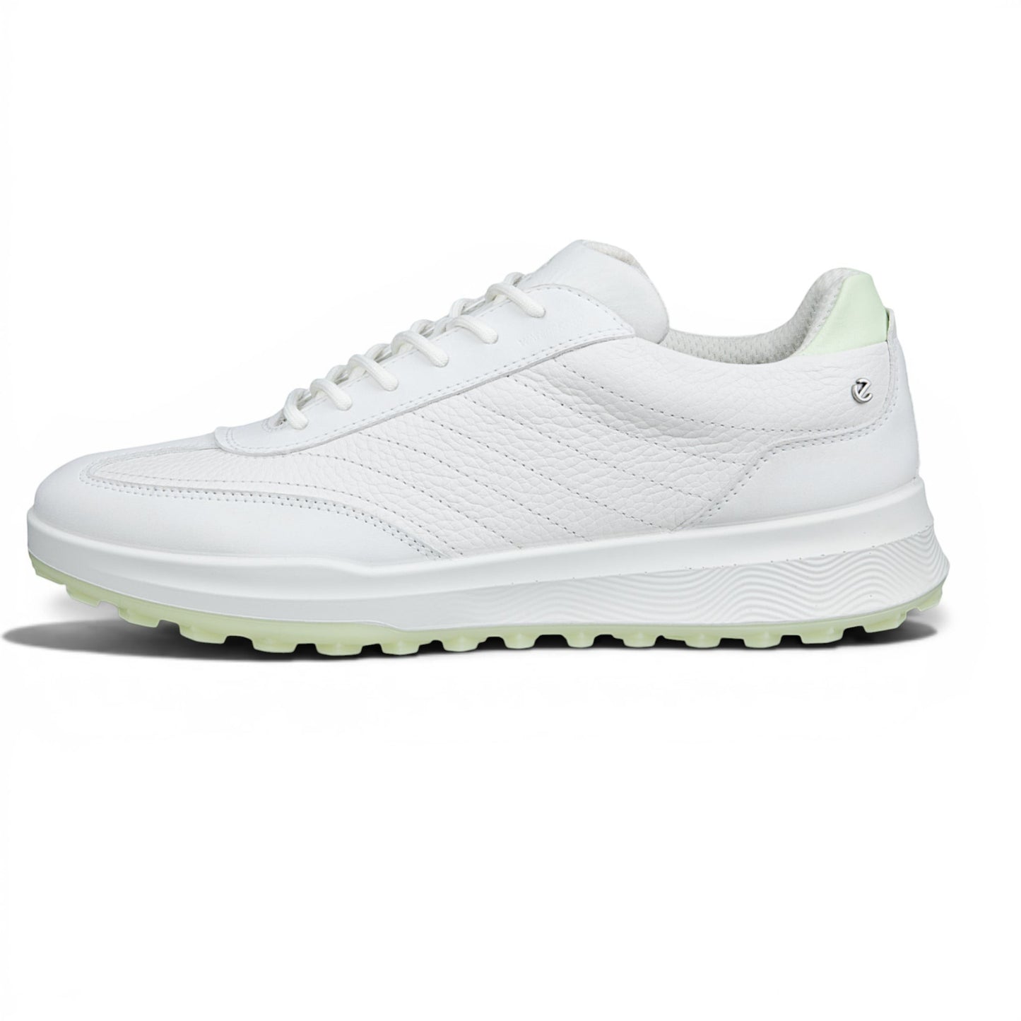 Clarkes Golf white leather golf shoes with light green sole accents and a classic lace-up design.