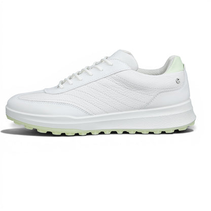 Clarkes Golf white leather golf shoes with light green sole accents and a classic lace-up design.