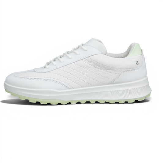Clarkes Golf white leather golf shoes with light green sole accents and a classic lace-up design.