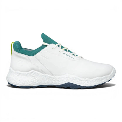 Clarkes Golf white leather and knit golf shoes with teal accents and waterproof technology.