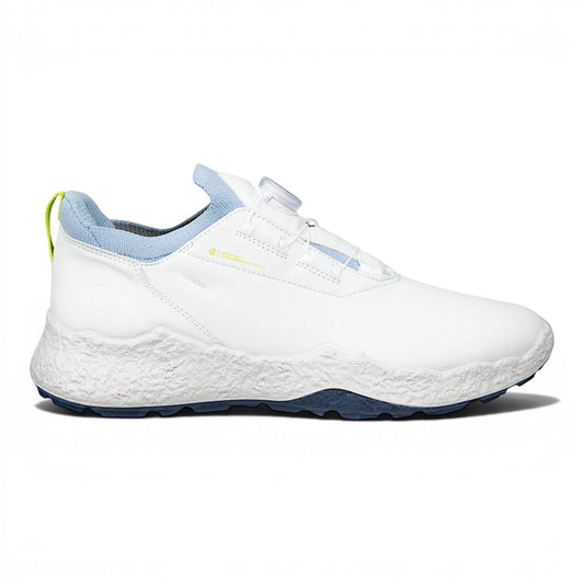 Clarkes Golf white leather golf shoes with blue knit sock and BOA closure system