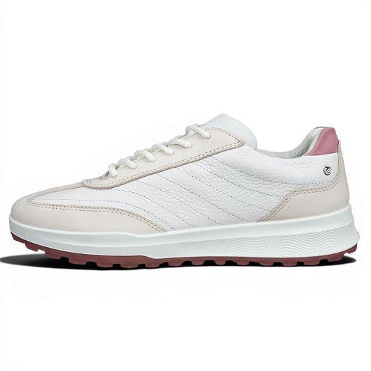 Clarkes Golf white leather golf shoes with pink heel detail and rubber sole. Waterproof and breathable.