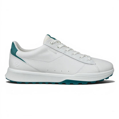 Clarkes Golf white leather Ecco Street Vibe golf shoes with teal accents and spikeless sole.
