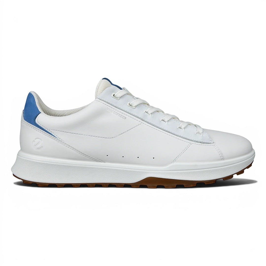 Clarkes Golf white leather waterproof golf shoes with blue accents and a spikeless sole.